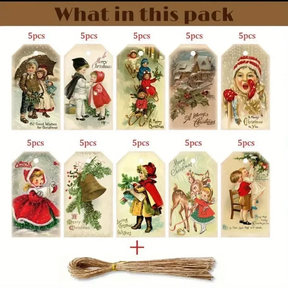 50 Gift Tags Vintage Style Merry Christmas Wishes Paper‎ Blessing Cards w/ Twine